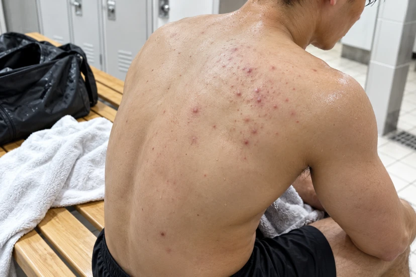 体のニキビに使うbenzoyl peroxide洗浄剤：短時間接触療法