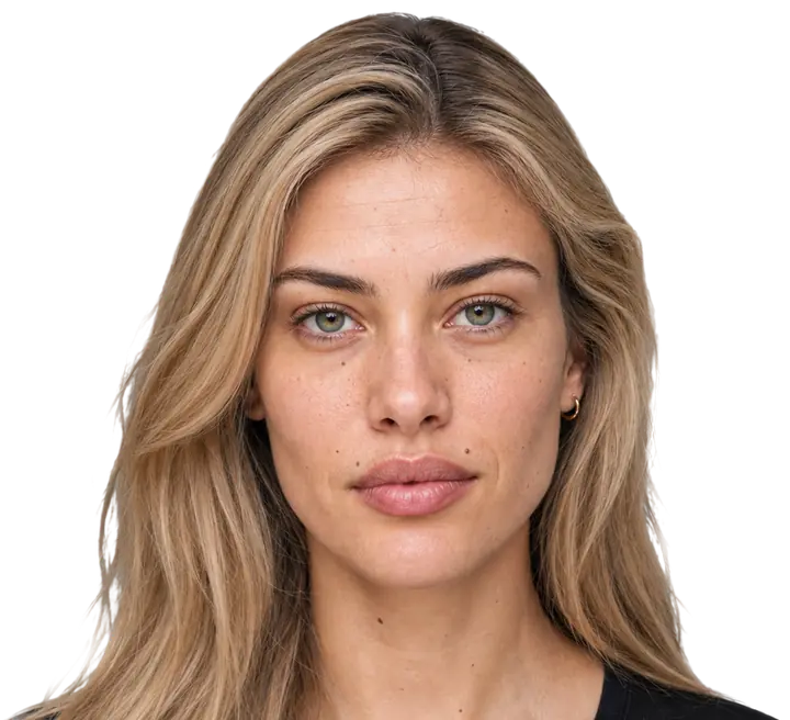 Studio portrait of a woman with long blonde hair, used as the sample face